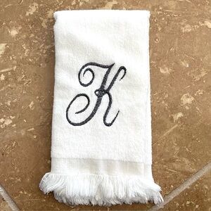 5 for $25! Monogram K White Hand Towel with Fringed Edge